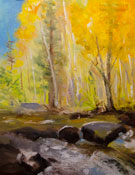 Along Bishop Creek miniature oil painting 6 x 8 inches aspens gold stream water