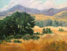 Along Highway One Central Coast California oil painting rolling golden hills cypress trees