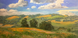 Poppy celebration California rolling hills poppies impressionist oaks oil painting