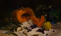 Cut musque de provence fairy tale pumpkin with grapes still life oil painting by Karen Winters