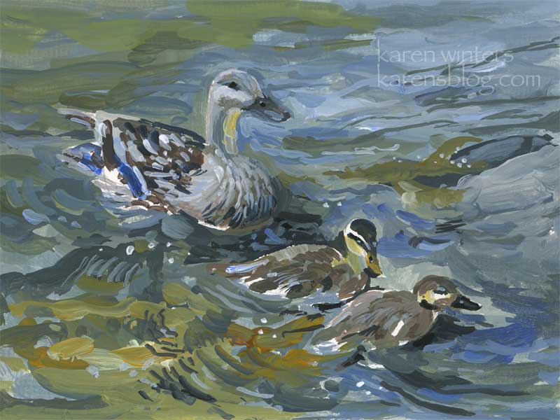Duck and ducklings gouache painting