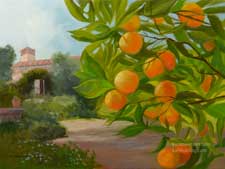 California mission building with orange trees - Old California building and garden orchard oil painting - California landscape impressionist art