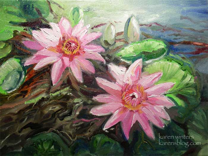 pink waterlilies lotus flower oil painting