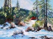 Mt. Pinos Frazier Park cabin in the snow pines oil painting